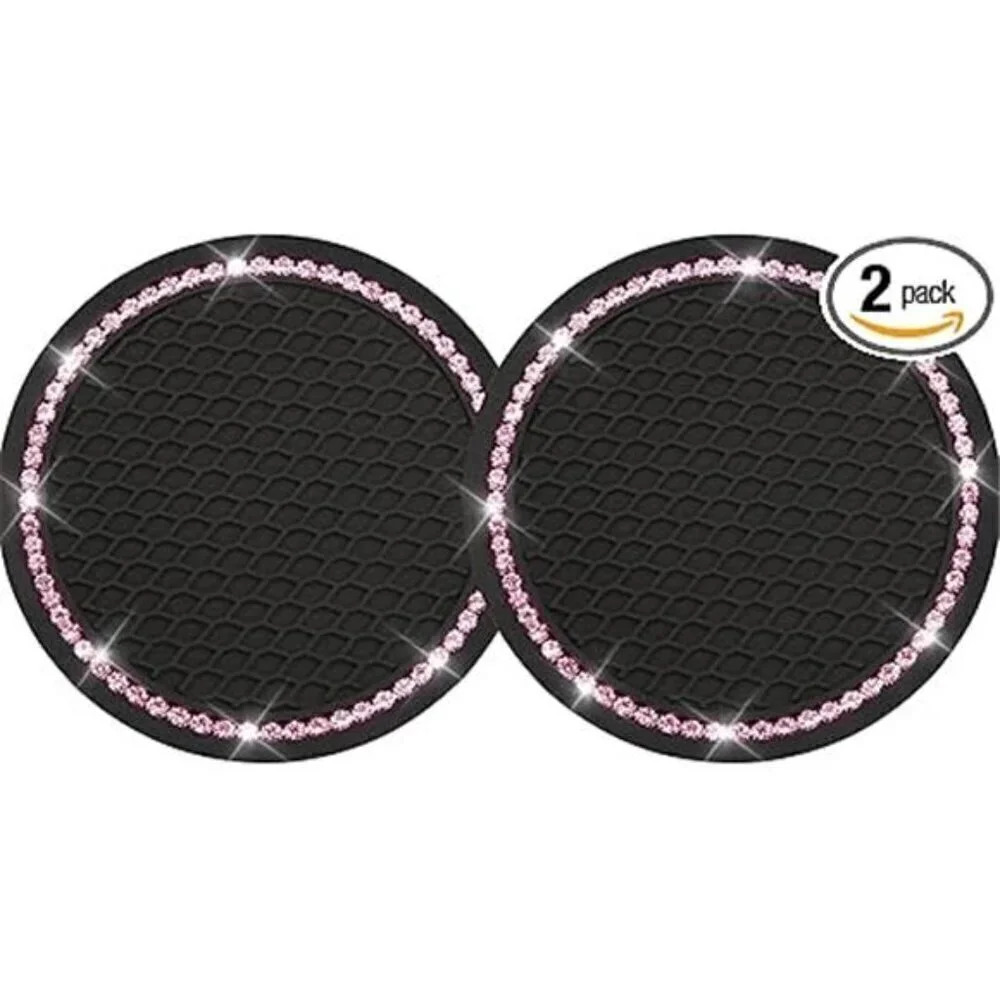 Car Cup Coaster Pink Black Bling Vehicle 2 Pack Rhinestone Universal Insert